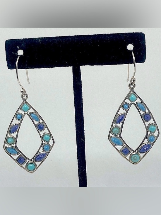 Vintage Jewelry - Vtg 925 Sterling Silver & Multi Colour Blue Turqouise Dangle Earrings | 2.2”